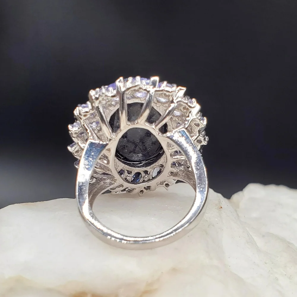 Sterling Silver 925 Designe Ring Raw Blue Sapphire Natural Tanzanite Gemstone